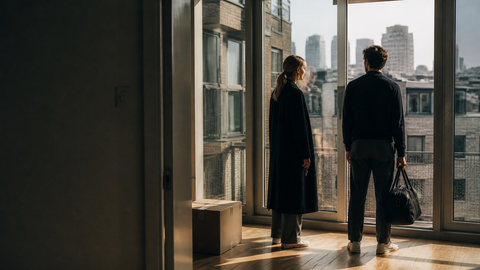 A couple standing in an empty sunlit apartment with a moving box, looking out a tall window at the city skyline after relocating abroad.