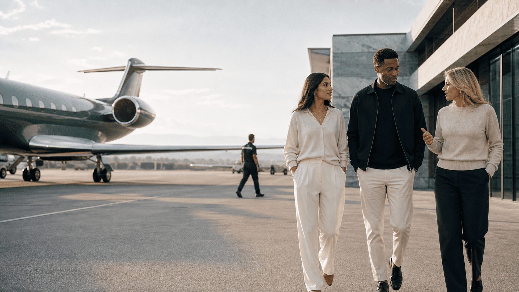 Three people in conversation walking across a private terminal apron at golden hour, a business jet parked behind them.